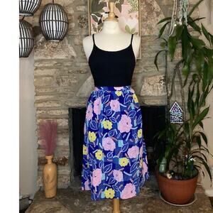 Vintage Blue & Pink Floral Silk Skirt - Small